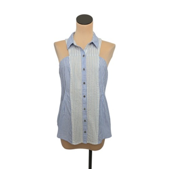 Maeve Button Down Shirt Womens 8 Blue White Striped Sleeveless Collared‎ Top - Picture 2 of 9